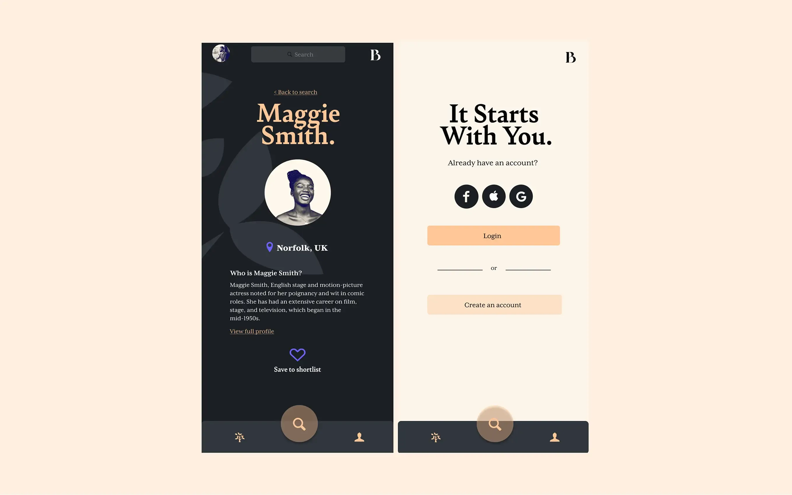 Backstory app screens in the dark theme