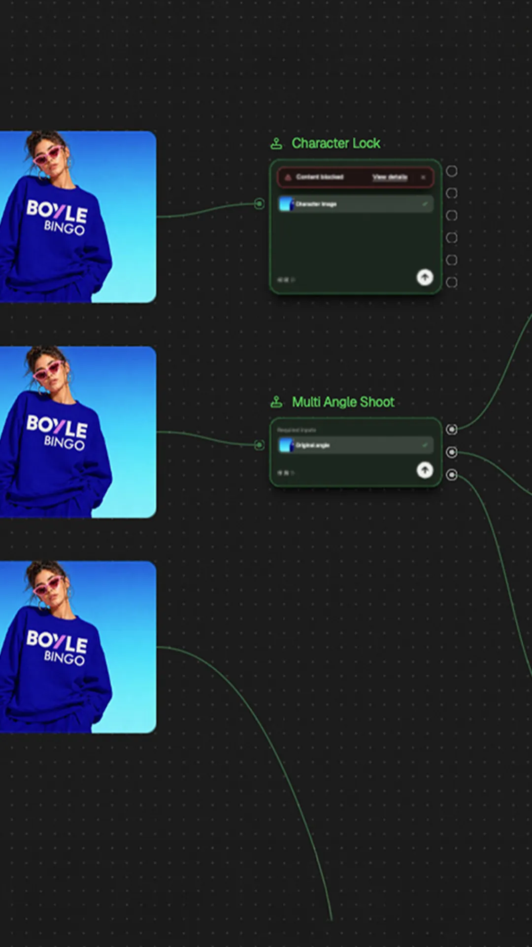 BOYLE Bingo work in progress: AI-generated characters and visuals on a Flora canvas