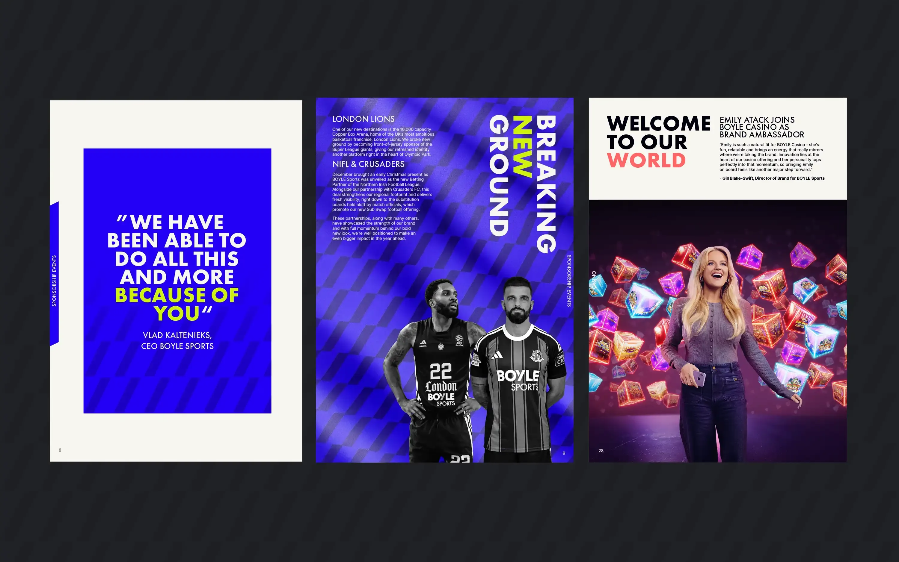 Spreads from the BOYLE Sports Year in Review: 'Welcome to our world' and 'Breaking new ground'