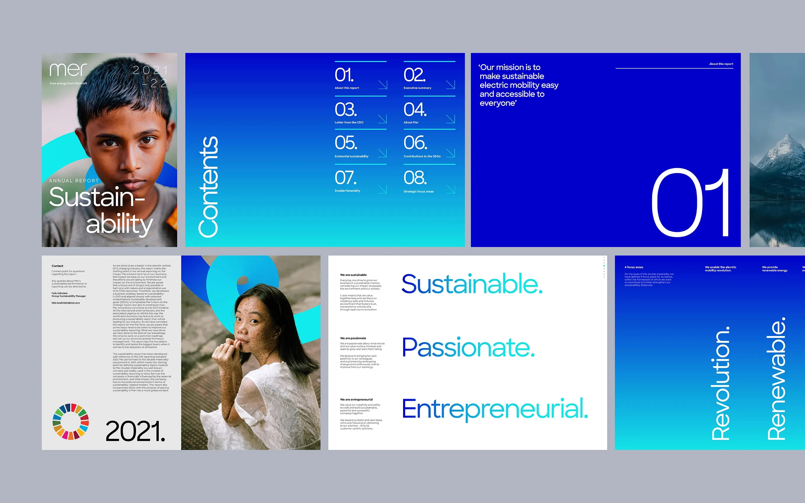 Mer brand collage: photography, brochure covers and brand values