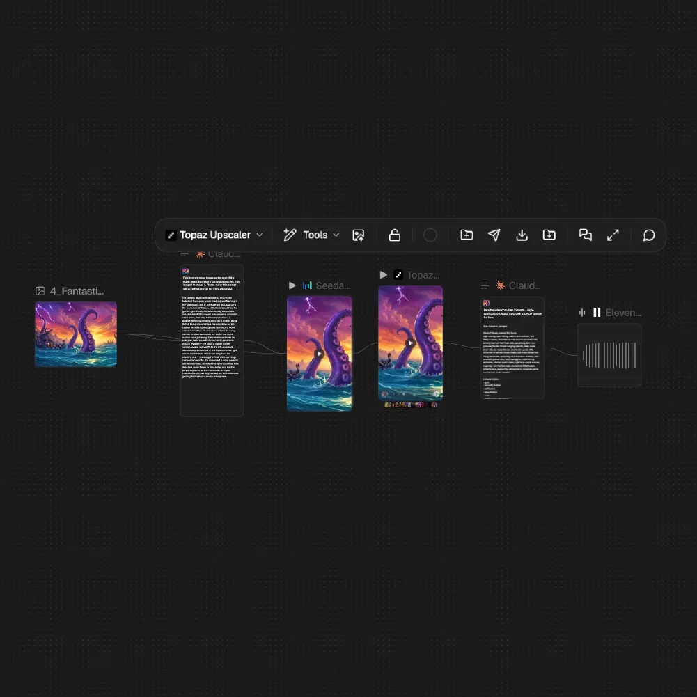 Flora workflow: game art prompted with Claude, animated in Seedance, upscaled in Topaz, with sound from ElevenLabs