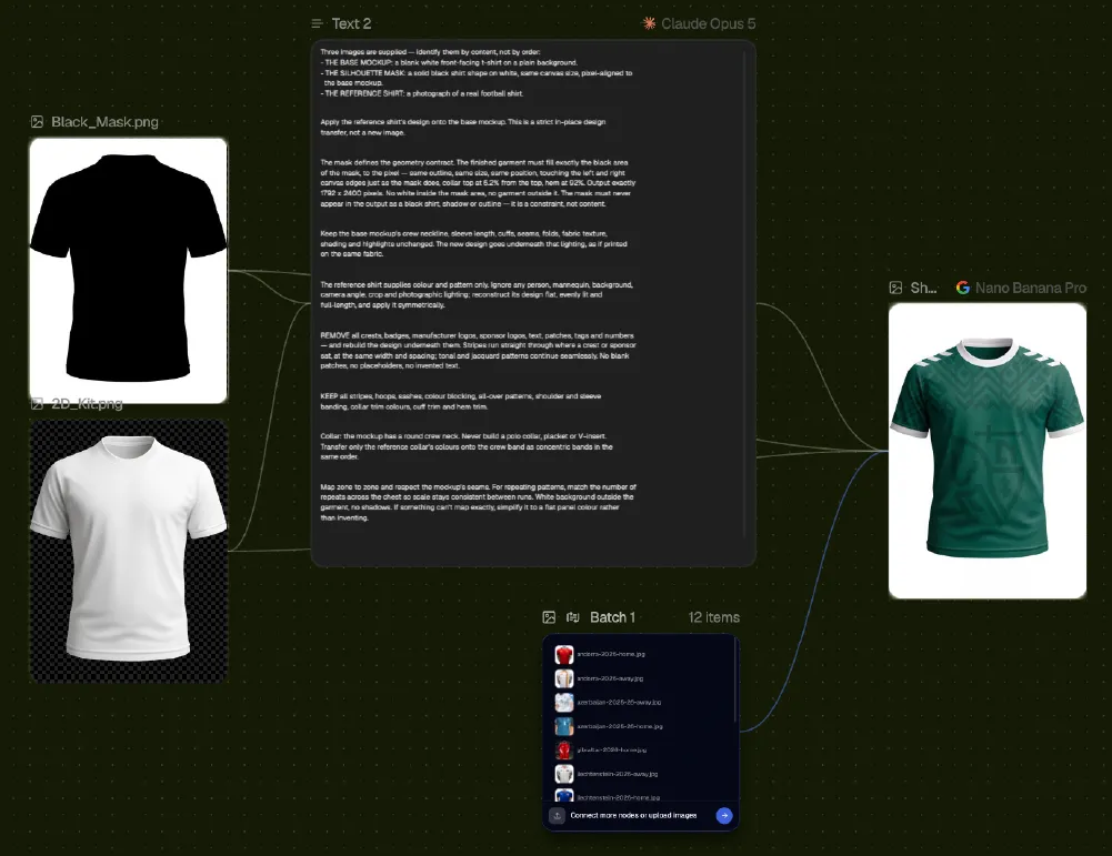 Flora workflow: a kit mask and blank shirt combined with a prompt to batch-produce football kits
