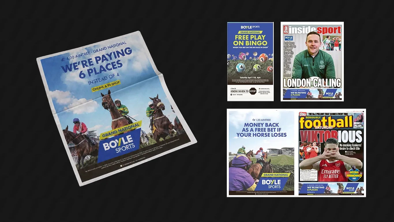 BOYLE Sports Grand National press ads: a full-page newspaper ad, a bingo ad and back-page placements in the Daily Star