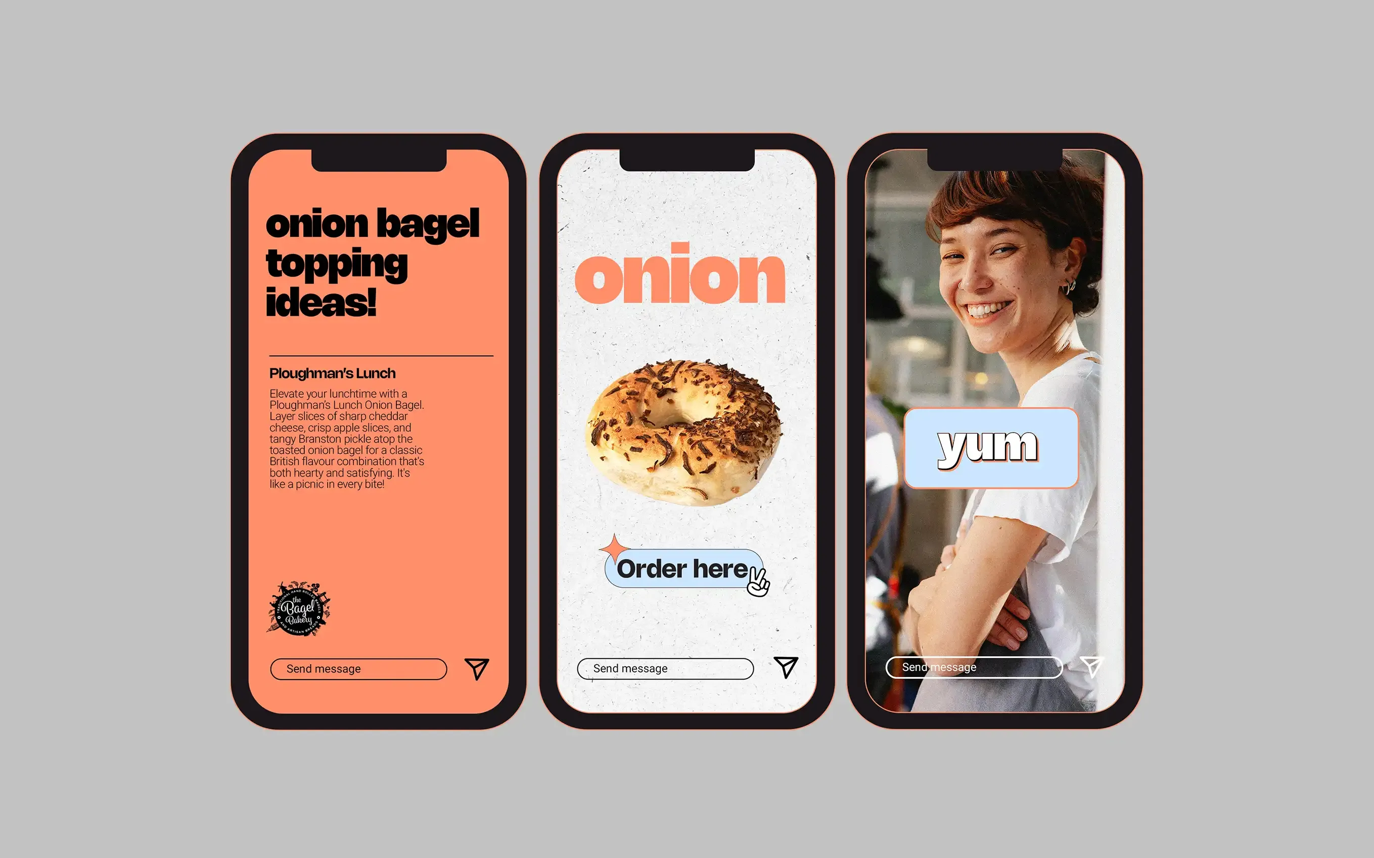 Onion bagel social posts on three phones