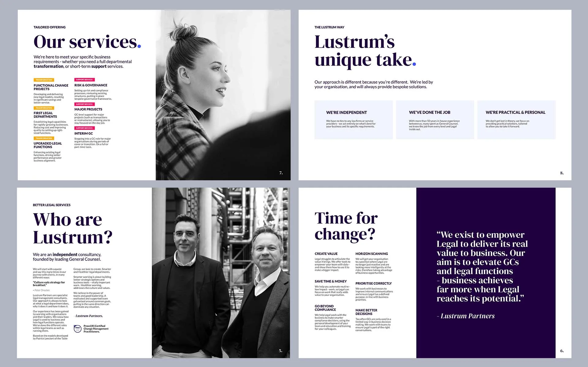 Lustrum Partners pitch deck slides: “Our services”, “Who are Lustrum?”