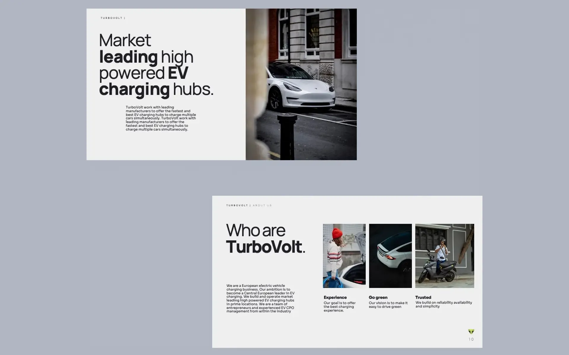 TurboVolt pitch deck slides: “Market leading high-powered EV charging hubs” and “Who are TurboVolt”