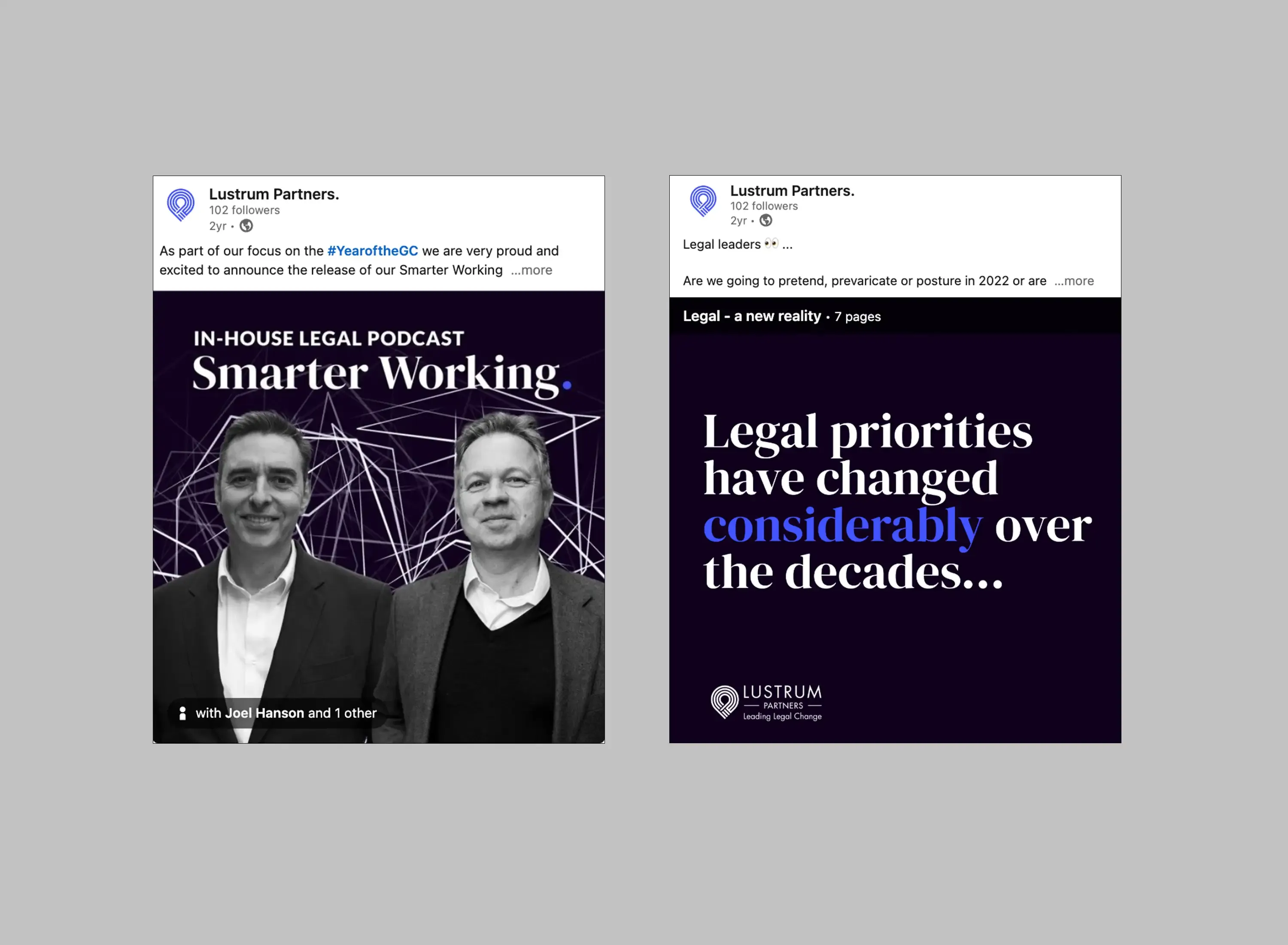 Lustrum Partners LinkedIn posts: “Smarter Working” and “Legal priorities have changed”
