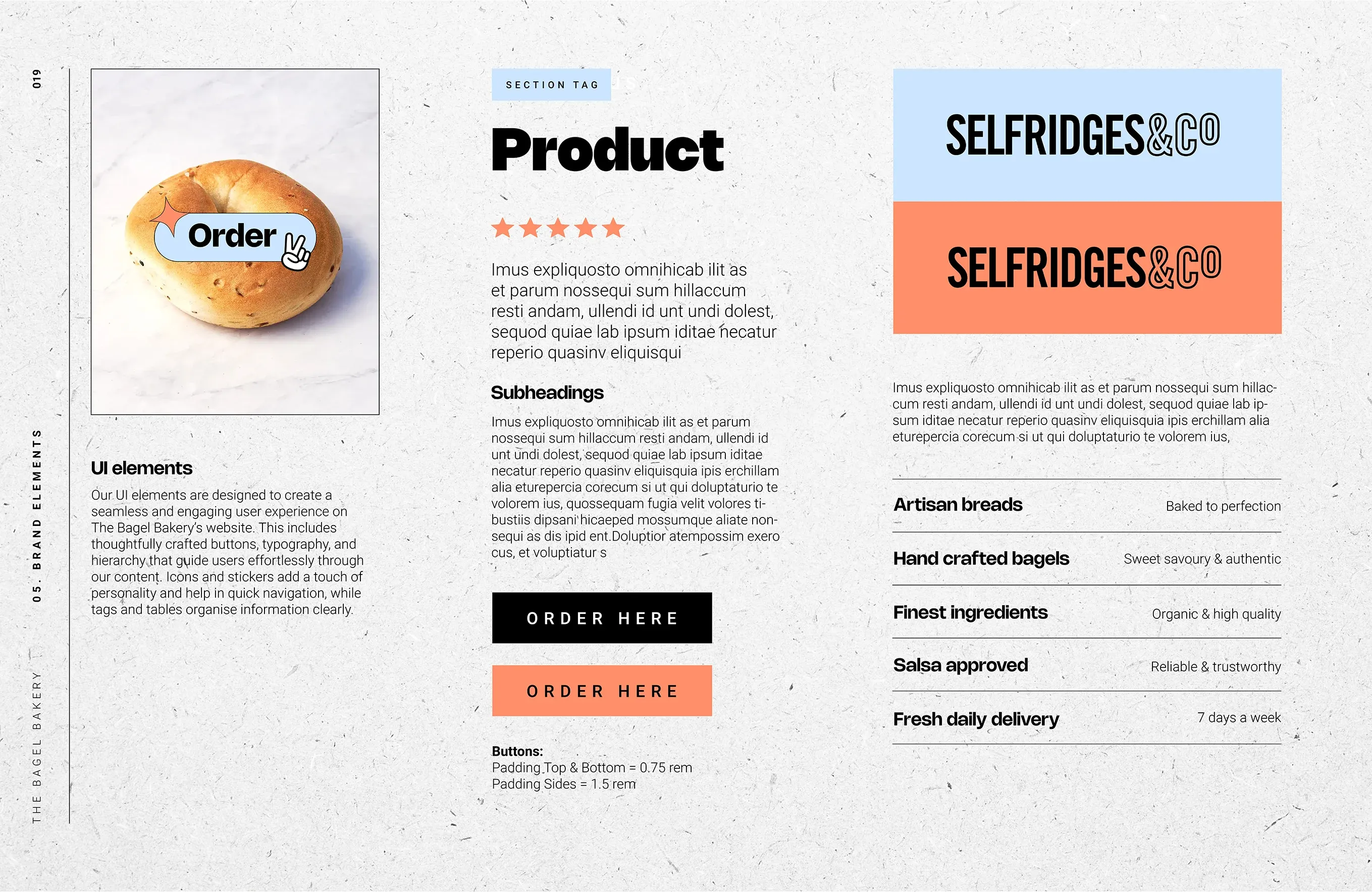 Brand guidelines page: UI elements — product layout, buttons, tags and stockist logos