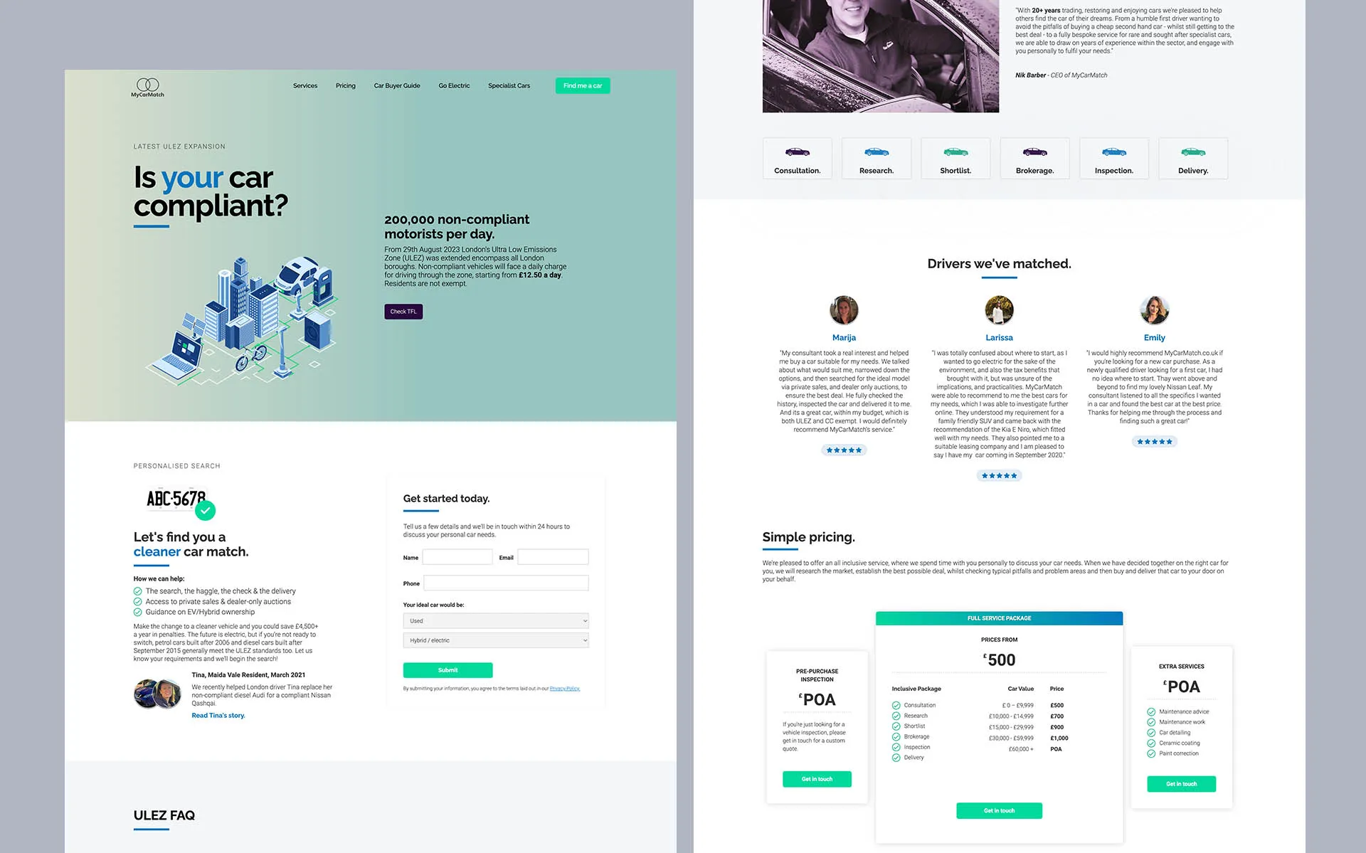 MyCarMatch website pages side by side