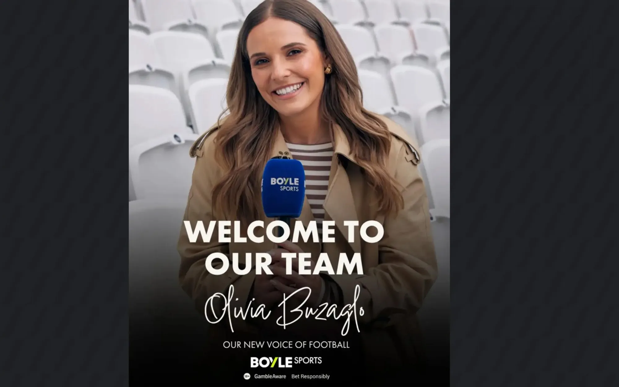 “Welcome to our team” social post introducing Olivia Buzaglo, BOYLE Sports’ new voice of football