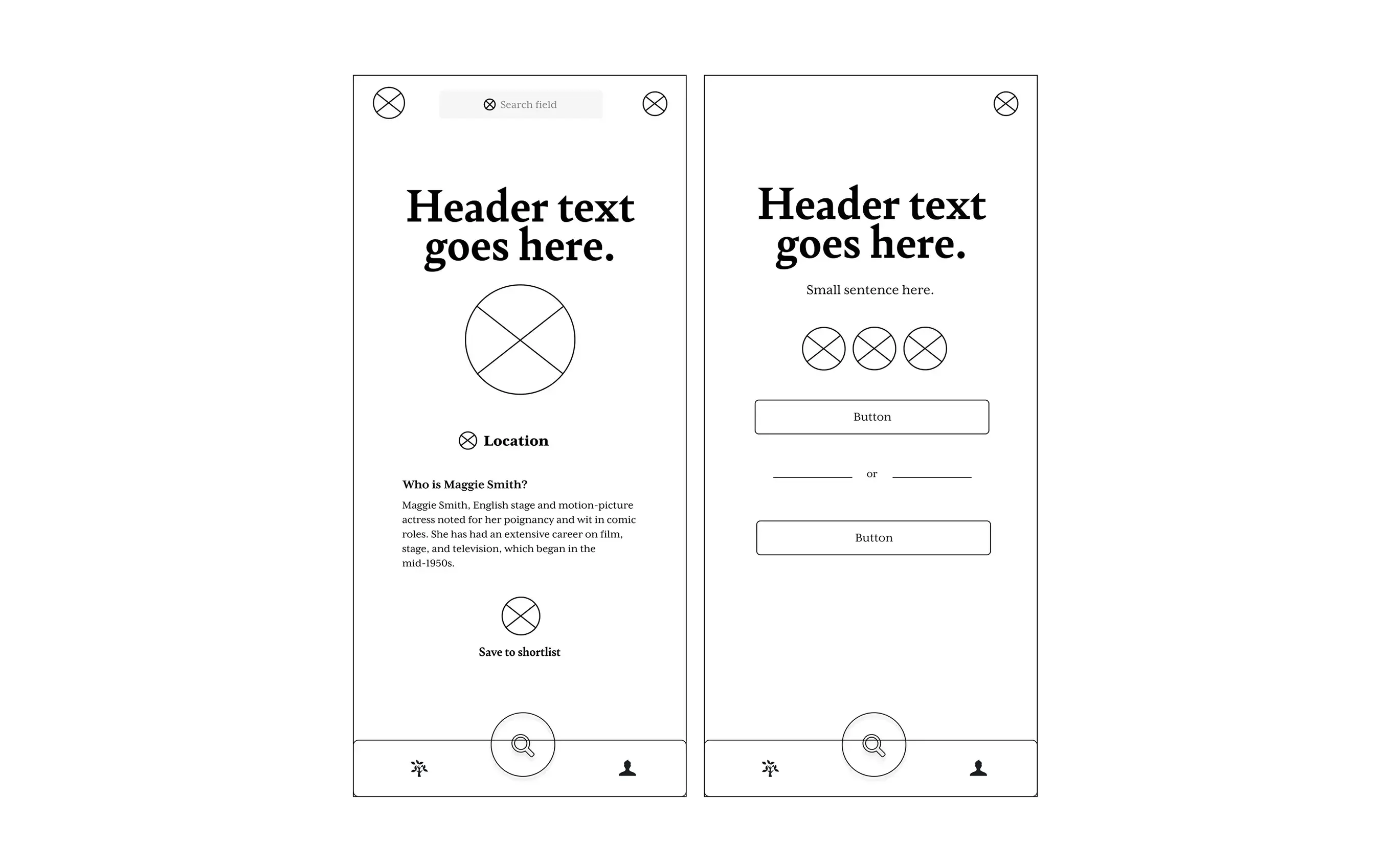 Backstory app wireframes showing the search journey