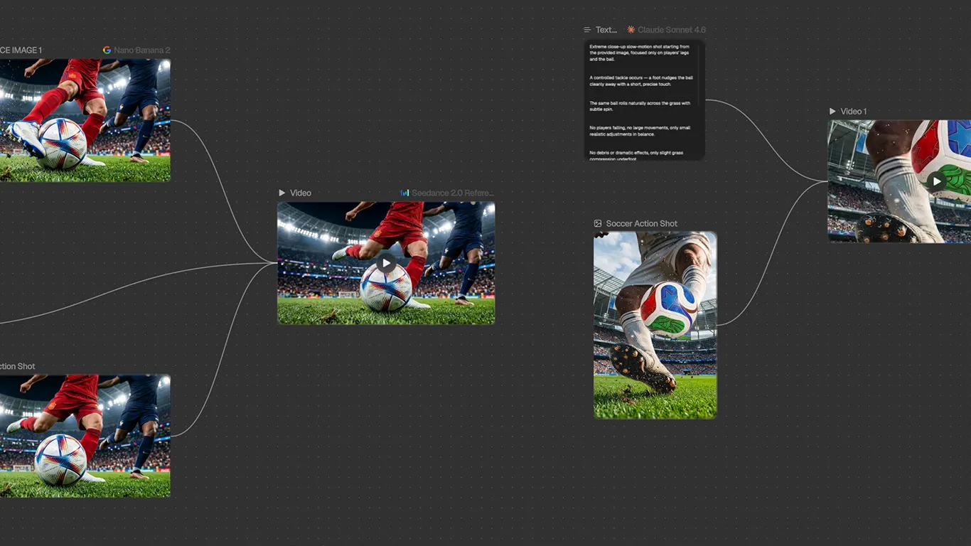 World Cup campaign creative in progress on a Flora canvas: football action shots turned into short videos